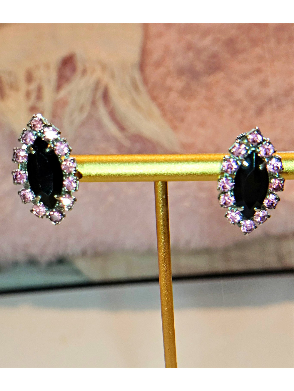 Vintage Black and Pink Earrings Screw Back Marquise Glass Silver Tone